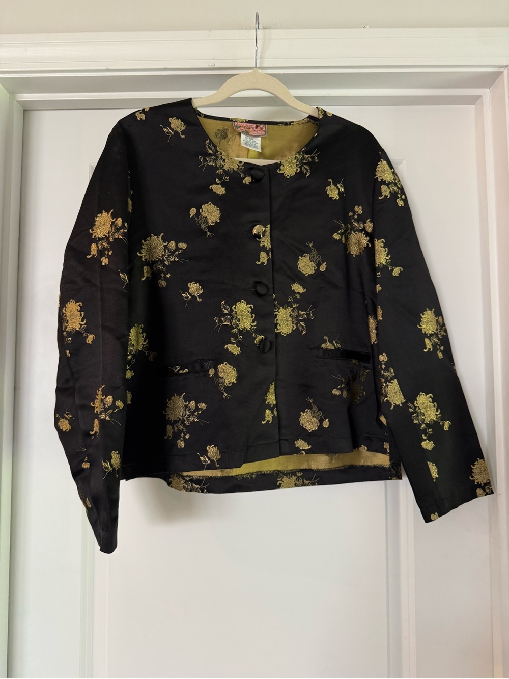 April Cornell Silk Brocade Jacket - Black with Gold Flowers - 90s Vintage Small